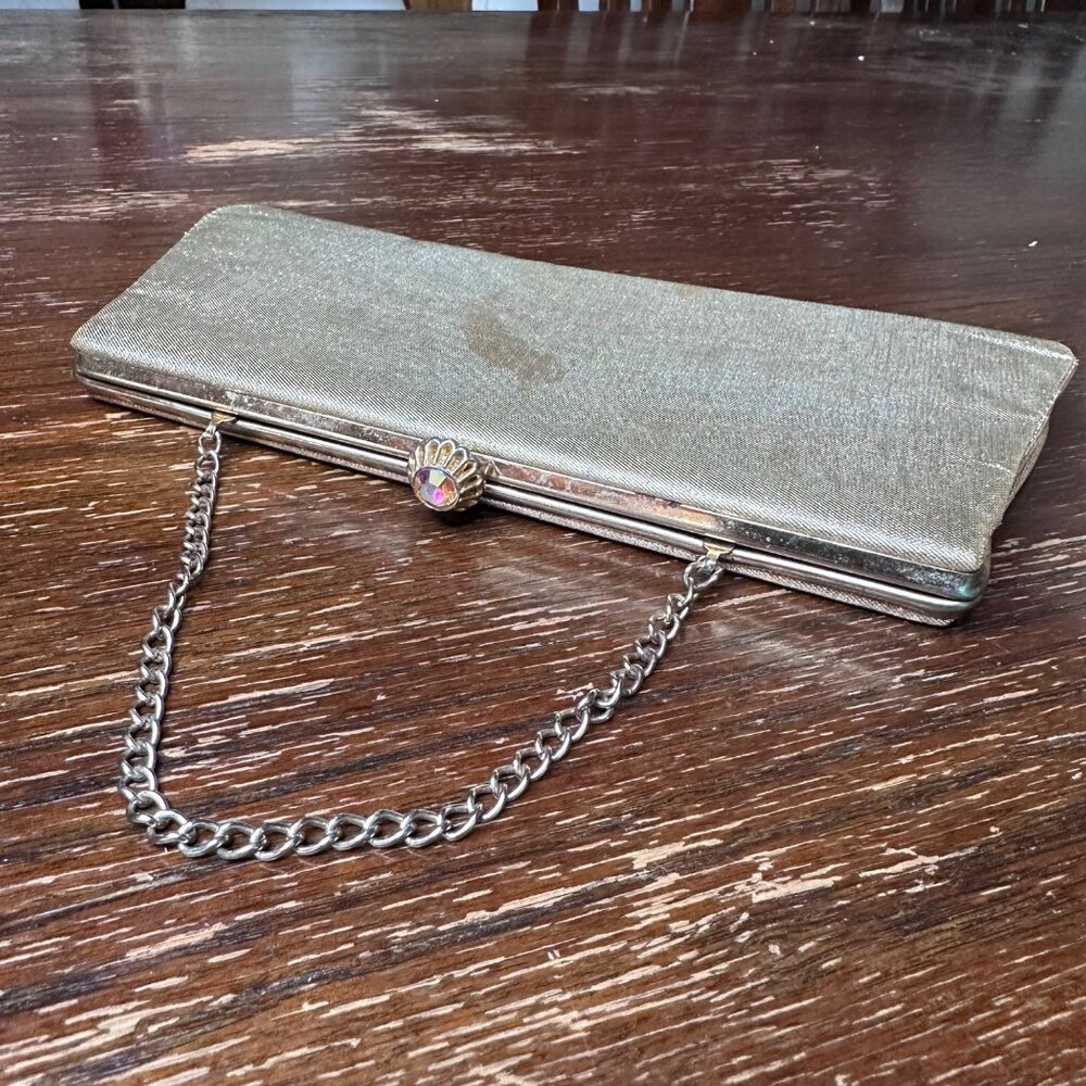Vintage Gold Clutch Purse With Chain Strap Textured Metallic Finish & Crystal Cl